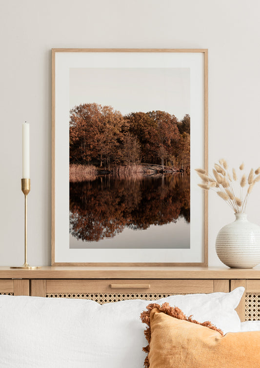 Watercolor mirroring lake poster for nursery and home wall decor.