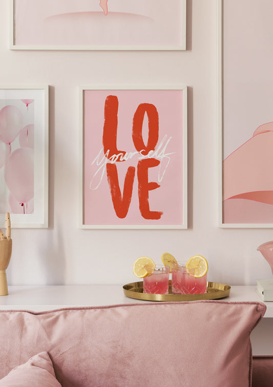 Watercolor love yourself pink poster for nursery and home wall decor.