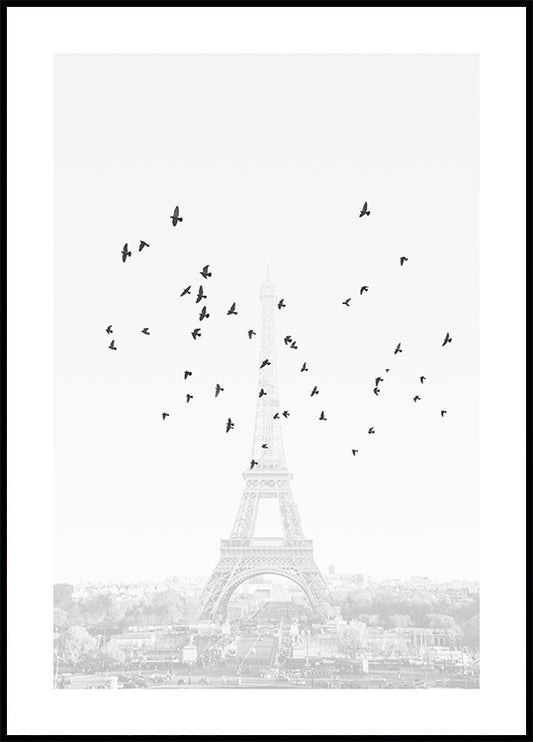 Watercolor birds in paris poster for nursery and home wall decor.