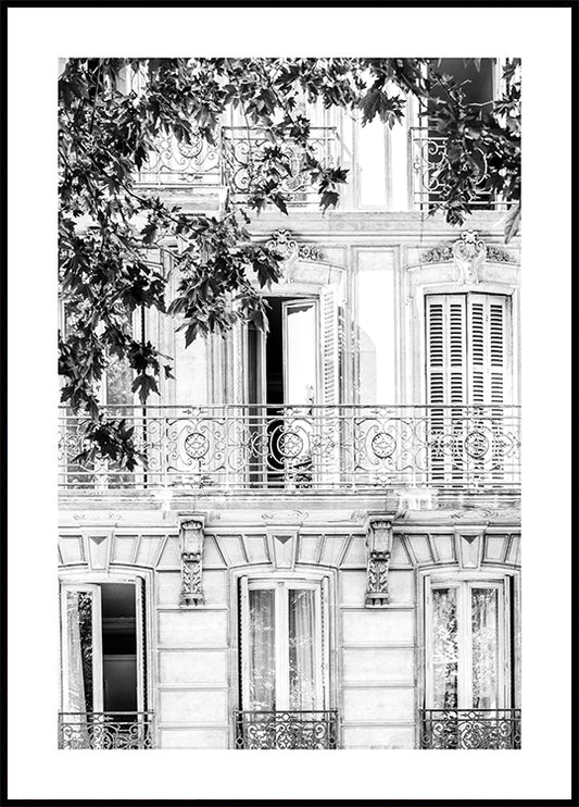 Watercolor monochrome facade poster for nursery and home wall decor.
