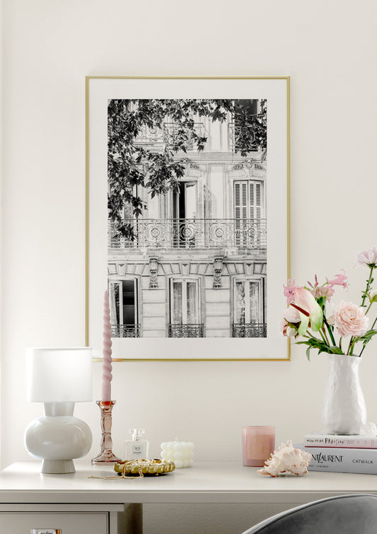 Watercolor monochrome facade poster for nursery and home wall decor.