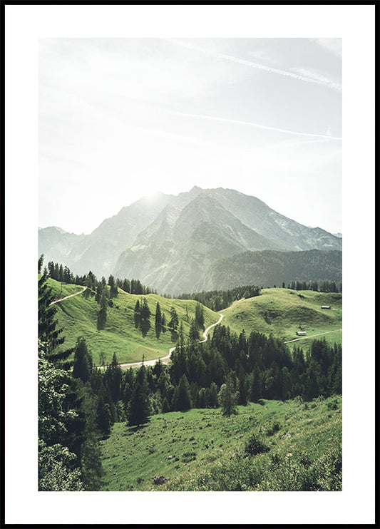 Watercolor sunshine mountain poster for nursery and home wall decor.