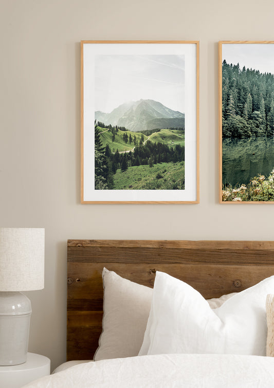 Watercolor sunshine mountain poster for nursery and home wall decor.
