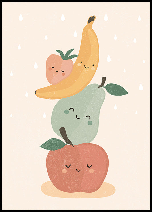 Watercolor smiling fruits poster for nursery and home wall decor.