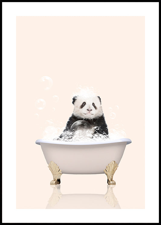 Watercolor panda in bathtub poster for nursery and home wall decor.
