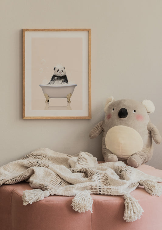 Watercolor panda in bathtub poster for nursery and home wall decor.