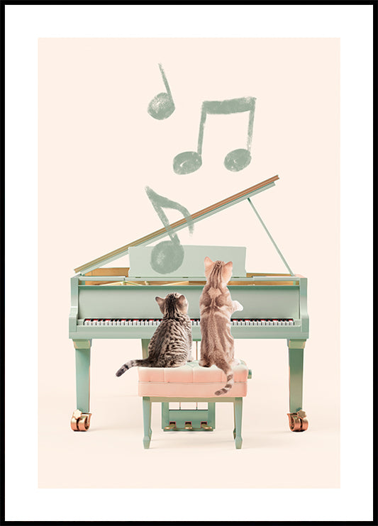 Watercolor cats playing piano poster for nursery and home wall decor.