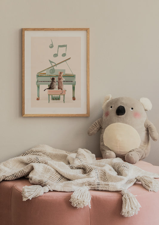 Watercolor cats playing piano poster for nursery and home wall decor.