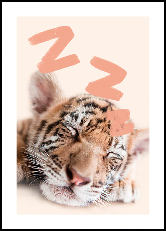 Watercolor sleeping baby tiger poster for nursery and home wall decor.