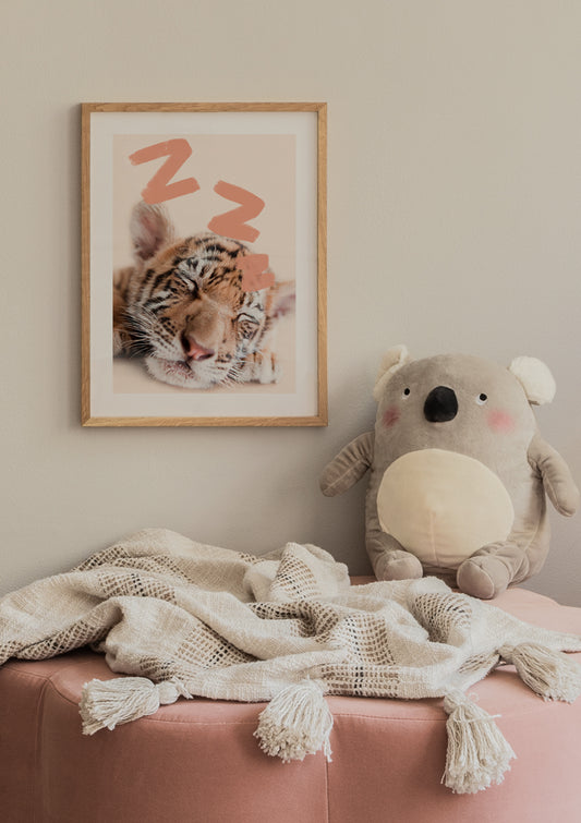 Watercolor sleeping baby tiger poster for nursery and home wall decor.
