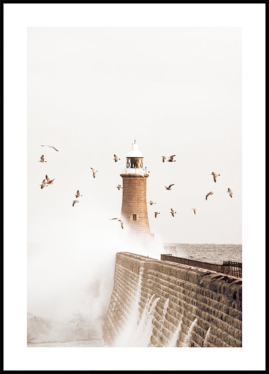 Watercolor dramatic lighthouse poster for nursery and home wall decor.