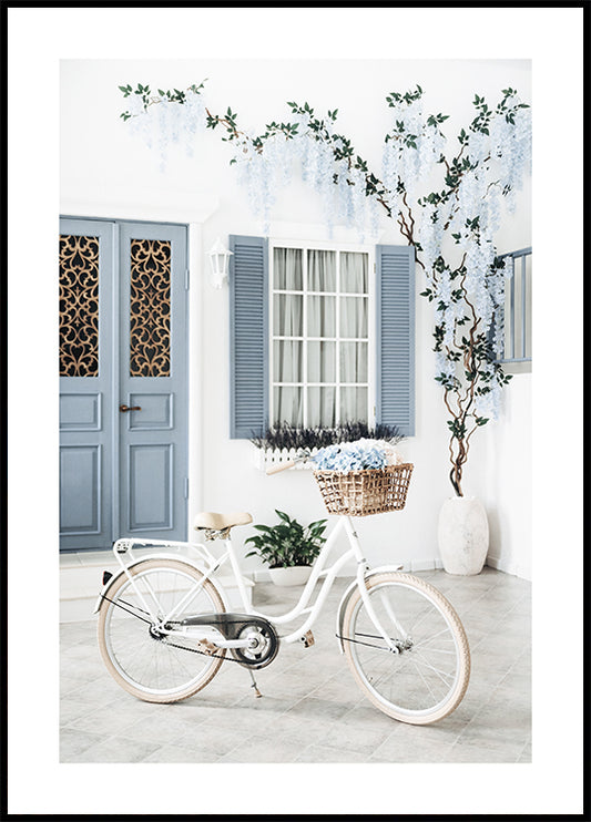 Watercolor white bike poster for nursery and home wall decor.