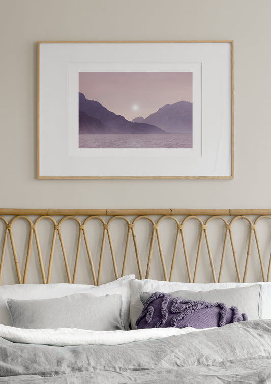 Watercolor purple sunset poster for nursery and home wall decor.