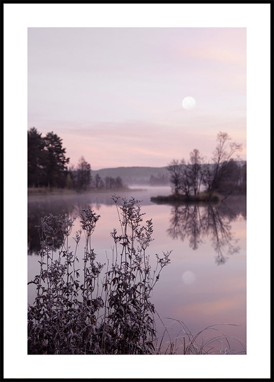 Watercolor calm lake at sunset poster for nursery and home wall decor.