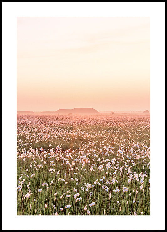 Watercolor flower field sunset poster for nursery and home wall decor.