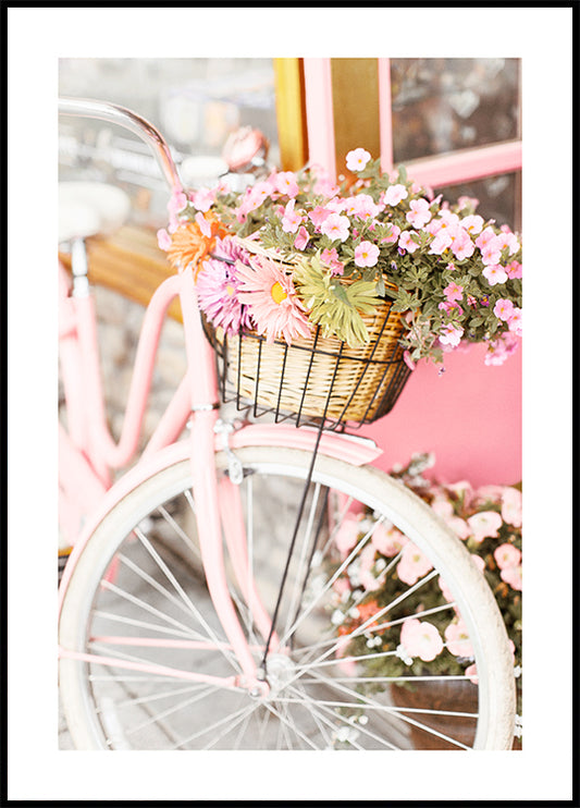 Watercolor pink bike with flowers poster for nursery and home wall decor.