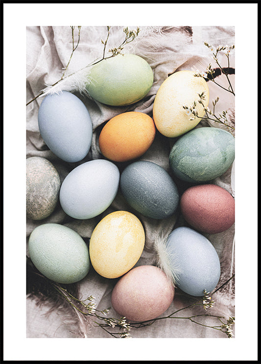 Watercolor pastel colorful eggs poster for nursery and home wall decor.