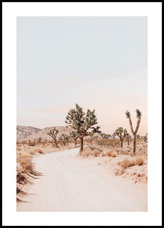 Watercolor joshua tree road poster for nursery and home wall decor.