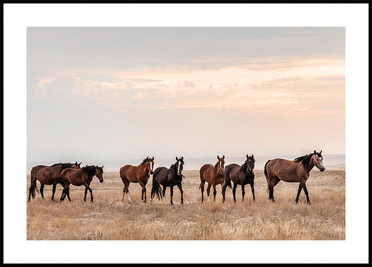 Watercolor wild horses in sunset poster for nursery and home wall decor.