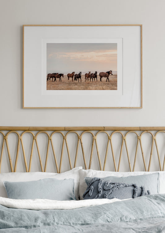 Watercolor wild horses in sunset poster for nursery and home wall decor.