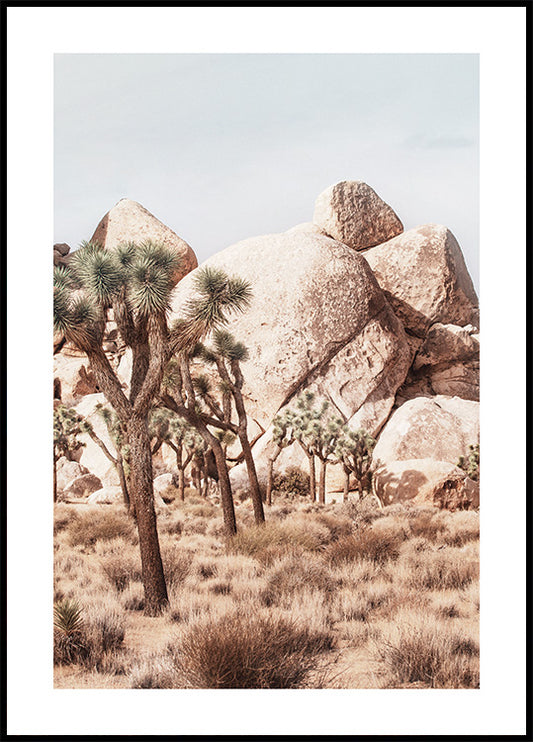 Watercolor joshua tree rocks poster for nursery and home wall decor.