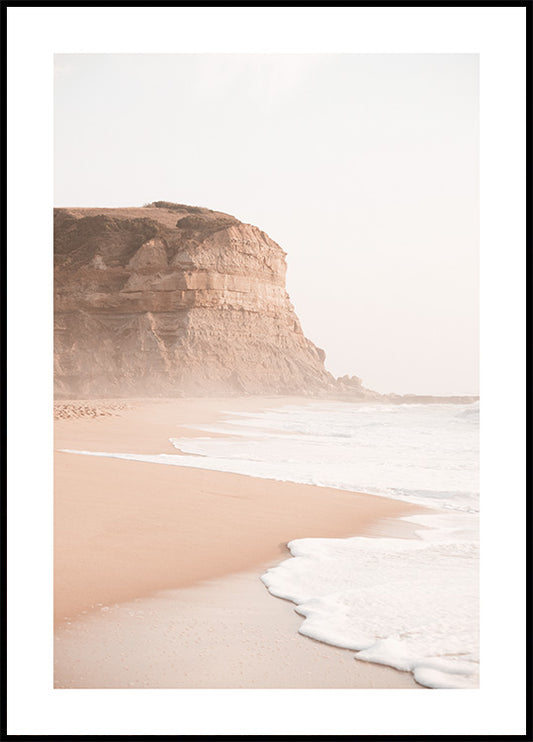 Watercolor foggy beach poster for nursery and home wall decor.