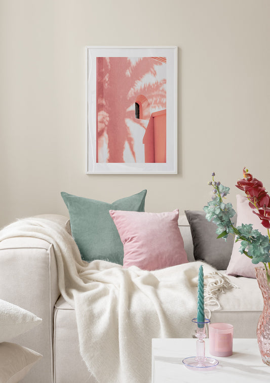 Watercolor pink palm shadow poster for nursery and home wall decor.