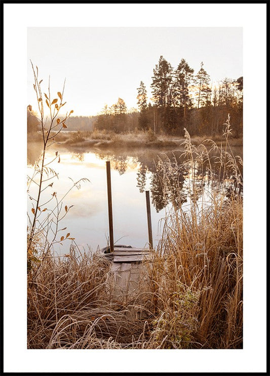 Watercolor morning serenity lake poster for nursery and home wall decor.