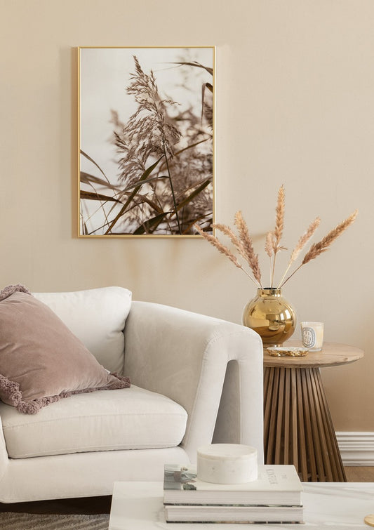 Watercolor reeds in sunrise poster for nursery and home wall decor.