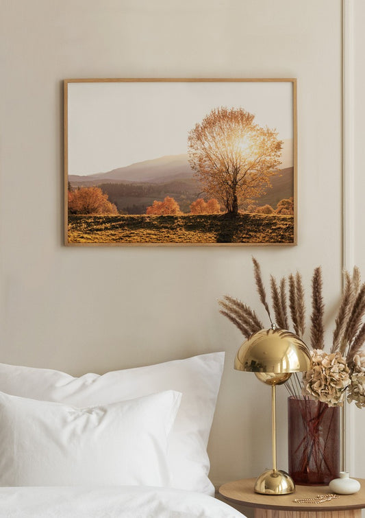 Watercolor autumn morning poster for nursery and home wall decor.