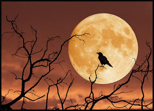Watercolor full moon raven poster for nursery and home wall decor.