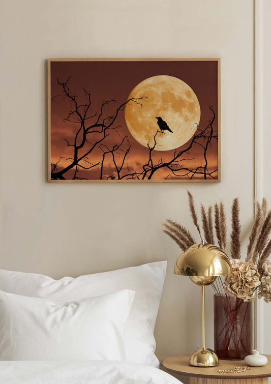 Watercolor full moon raven poster for nursery and home wall decor.