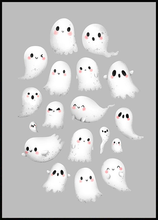 Watercolor cute ghosts poster for nursery and home wall decor.