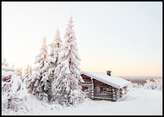 Watercolor winter cabin poster for nursery and home wall decor.