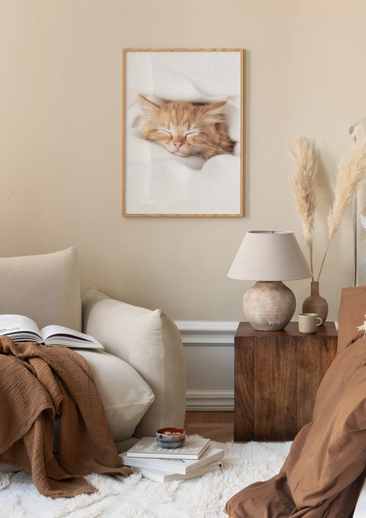 Watercolor sleepy kitten poster for nursery and home wall decor.