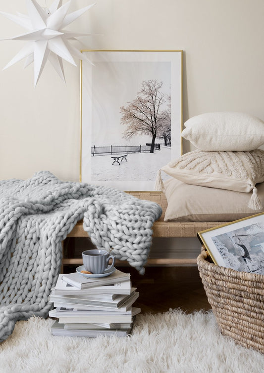 Watercolor winter bench poster for nursery and home wall decor.
