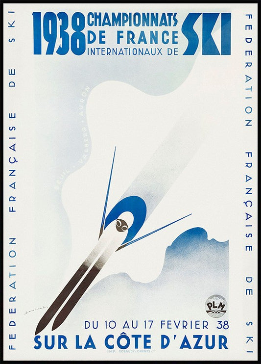 Watercolor vintage french ski poster for nursery and home wall decor.