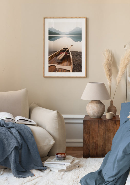 Watercolor wooden canoe poster for nursery and home wall decor.