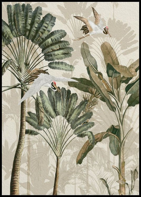 Watercolor cranes in the rainforest poster for nursery and home wall decor.