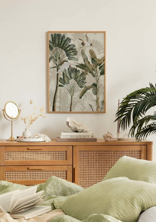 Watercolor cranes in the rainforest poster for nursery and home wall decor.