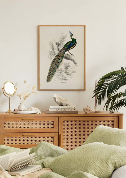 Watercolor peafowl portrait poster for nursery and home wall decor.
