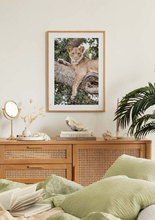Watercolor relaxing lioness poster for nursery and home wall decor.