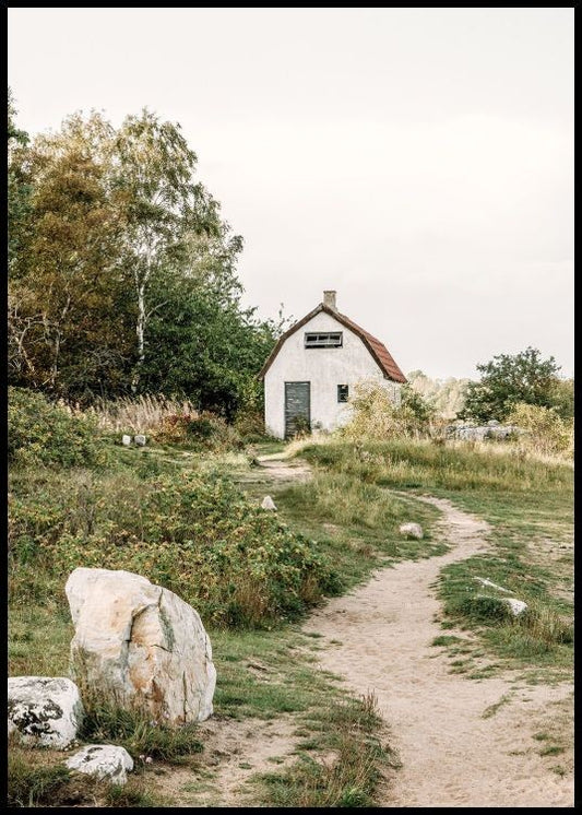 Watercolor house on the hill poster for nursery and home wall decor.