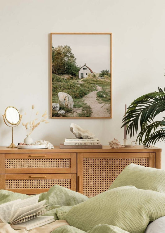 Watercolor house on the hill poster for nursery and home wall decor.