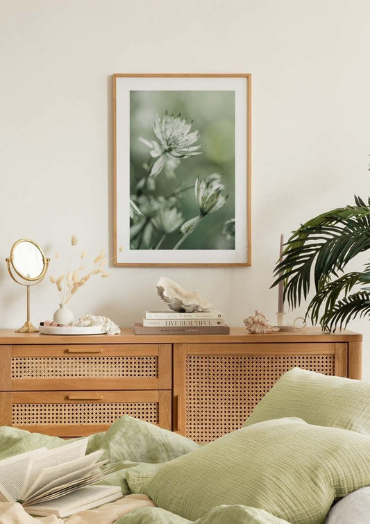 Watercolor blooming in green poster for nursery and home wall decor.