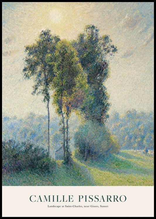 Watercolor camille pissarro - landscape at saint-charles, near gisors, sunset poster for nursery and home wall decor.