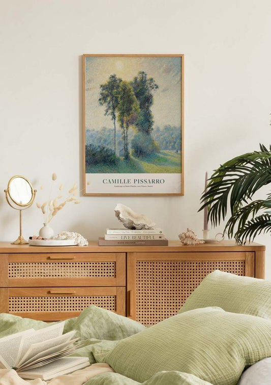 Watercolor camille pissarro - landscape at saint-charles, near gisors, sunset poster for nursery and home wall decor.