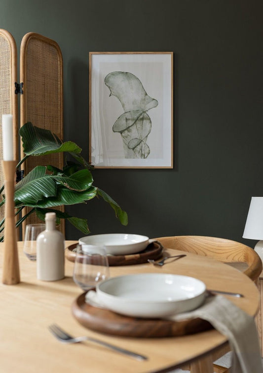Watercolor abstract green botanical poster for nursery and home wall decor.
