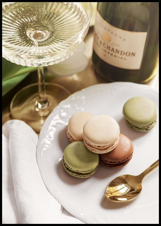 Watercolor wine and macarons poster for nursery and home wall decor.