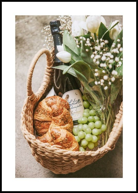 Watercolor picnic basket poster for nursery and home wall decor.